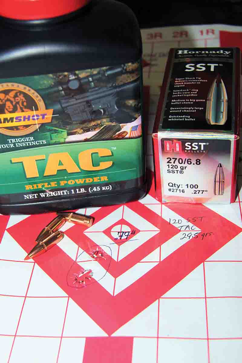 Hornady’s 120-grain SST is Patrick’s favorite wild boar bullet because it is accurate and hits hard. This .77-inch group resulted from 29.5 grains of Ramshot TAC sent at a thumping 2,437 fps.